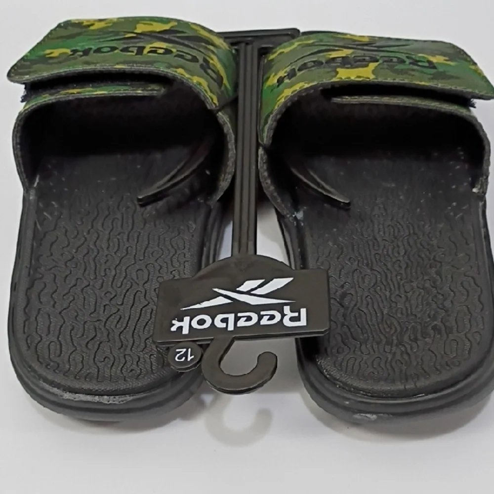 REEBOK KID'S SLIDE SANDALS - Green & Yellow and Black Camo Strap - SIZE 12 NWT
